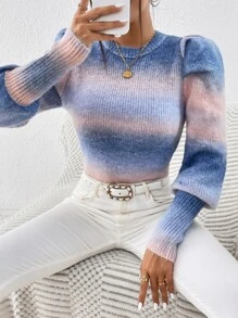 SHEIN Essnce Ombre Puff Sleeve Jumper - Blue - View 1