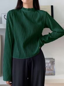DAZY Frill Neck Keyhole Back Tee,Fall Clothes,Back To School Clothes Long Sleeve Women Tops - Dark Green - View 3