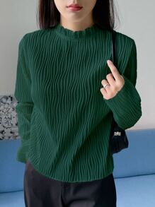 DAZY Frill Neck Keyhole Back Tee,Fall Clothes,Back To School Clothes Long Sleeve Women Tops - Dark Green - View 4