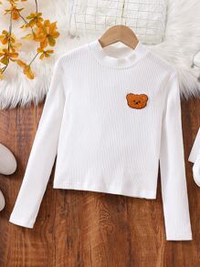 Girls Bear Patched Mock Neck Tee - White - View 1