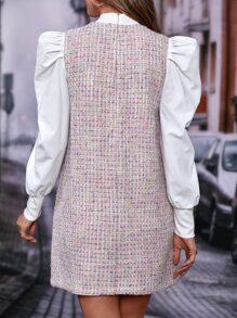 SHEIN Privé Plaid Pattern Gigot Sleeve Tweed Dress Without Belt