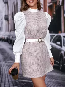 SHEIN Privé Plaid Pattern Gigot Sleeve Tweed Dress Without Belt