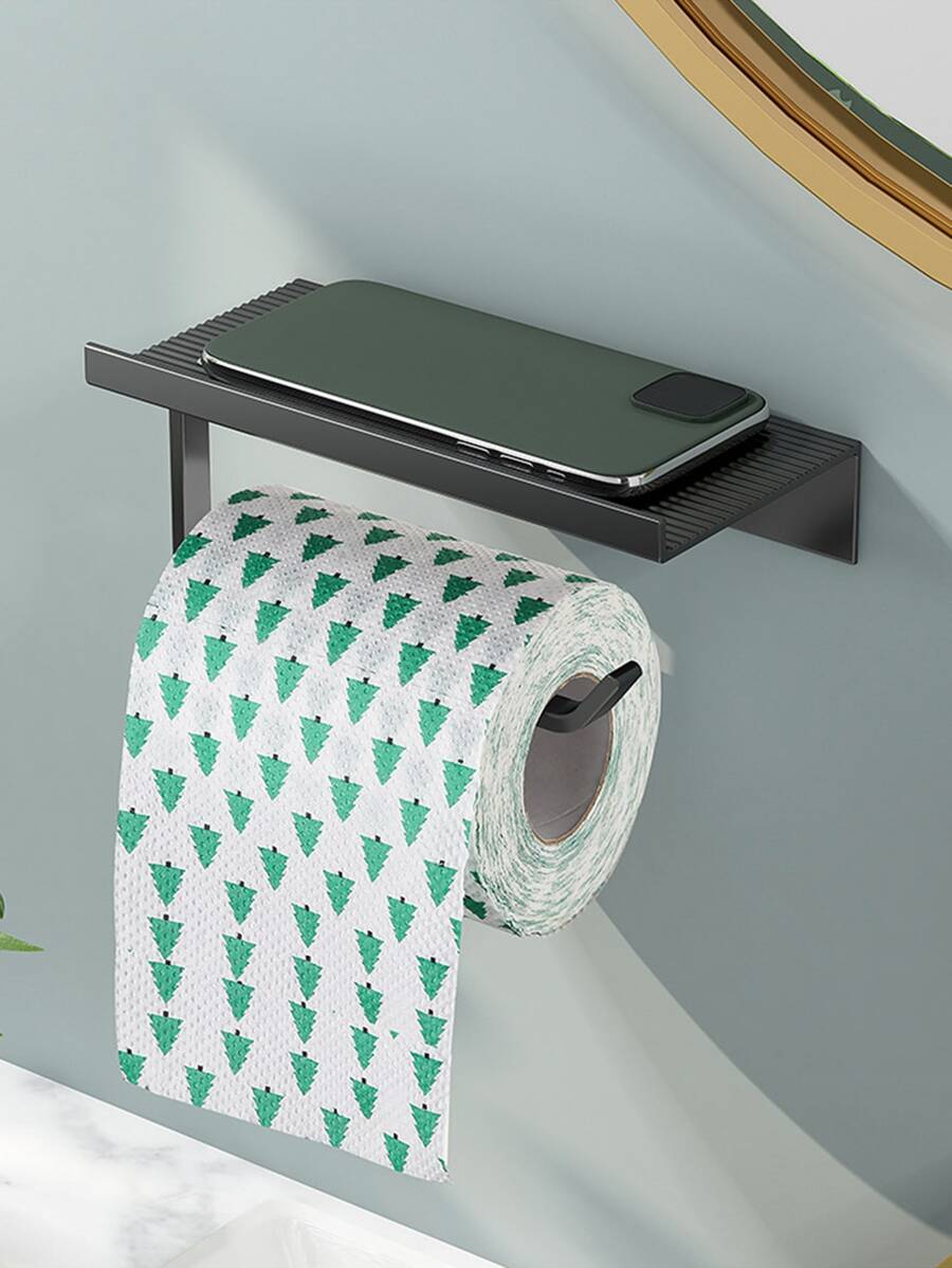 1pc Wall Mounted Multifunction Bathroom Storage Rack, Stainless Steel Toilet Paper Holder For Bathroom - Black - View 1