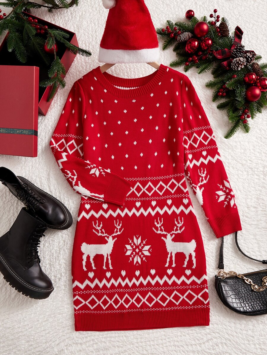 SHEIN Unity Plus Áo len họa tiết Giáng sinh không mũ, cho mùa đông - Đỏ và trắng - Xem 1
