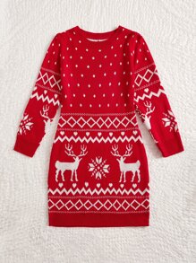 SHEIN Unity Plus Áo len họa tiết Giáng sinh không mũ, cho mùa đông - Đỏ và trắng - Xem 3