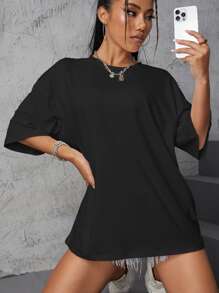 SHEIN Qutie 字母和卡通圖案落肩T恤 - 黑色 - 查看 2