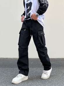 Claim Dot Men Flap Pocket Drawstring Waist Cargo Trousers - Black - View 1