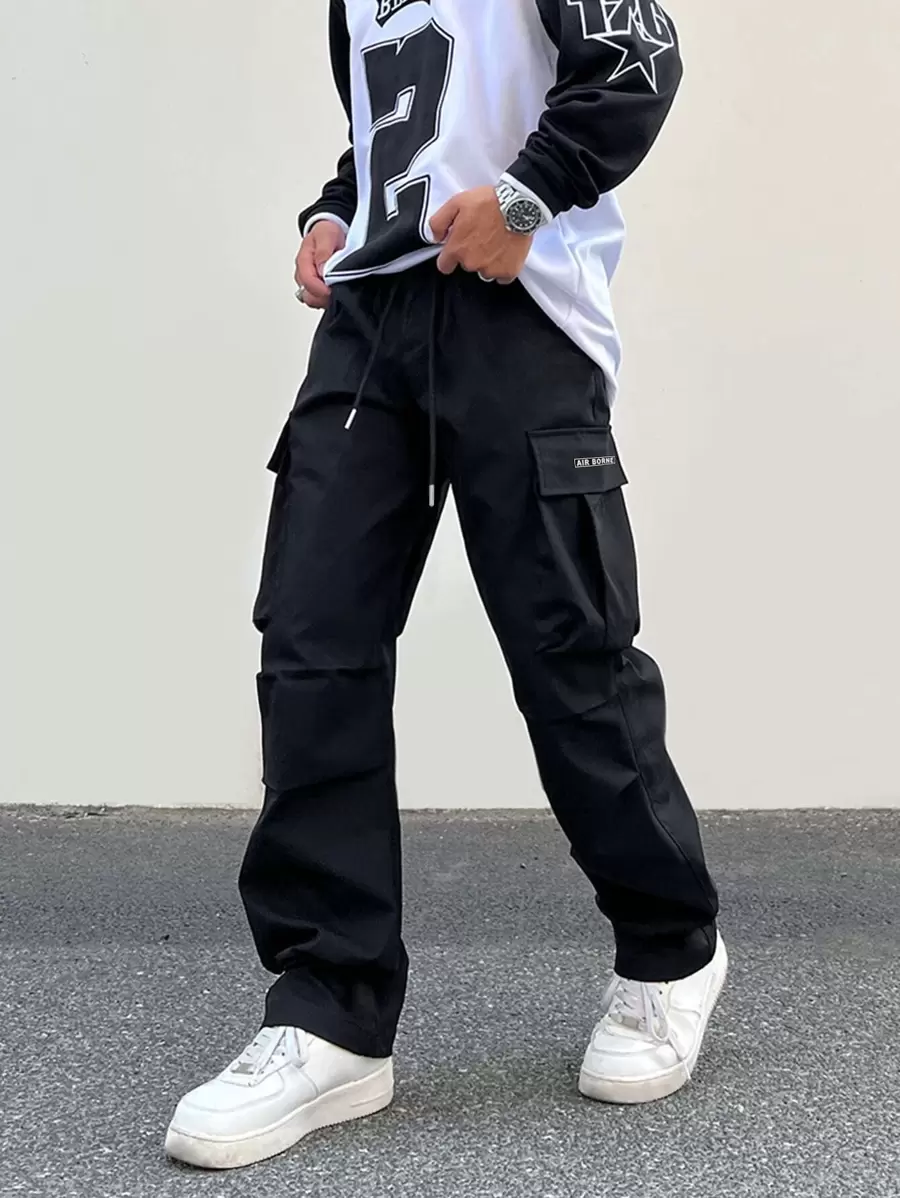 Claim Dot Men Flap Pocket Drawstring Waist Cargo Trousers - Black - View 1