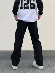 Claim Dot Men Flap Pocket Drawstring Waist Cargo Trousers - Black - View 2