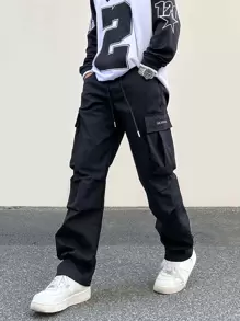 Claim Dot Men Flap Pocket Drawstring Waist Cargo Trousers - Black - View 5