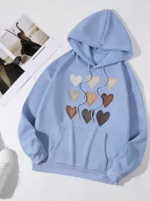 SHEIN EZwear 愛心圖案抽繩加絨內裏連帽衫 - 霧霾藍 - 查看 1