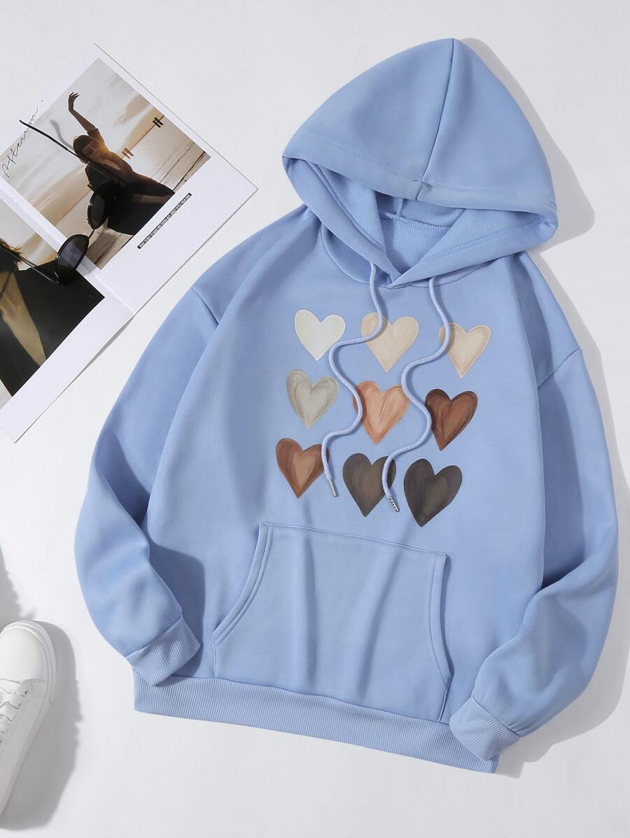 SHEIN EZwear 愛心圖案抽繩加絨內裏連帽衫 - 霧霾藍 - 查看 1