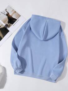 SHEIN EZwear 愛心圖案抽繩加絨內裏連帽衫 - 霧霾藍 - 查看 2