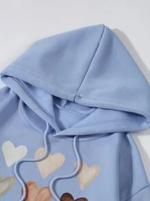 SHEIN EZwear 愛心圖案抽繩加絨內裏連帽衫 - 霧霾藍 - 查看 3
