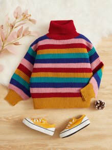 SHEIN Toddler Girls Colourblock Stripe Turtleneck Jumper - Multicolor - View 1