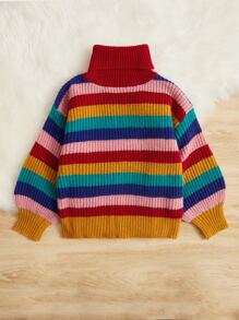 SHEIN Toddler Girls Colourblock Stripe Turtleneck Jumper - Multicolor - View 2