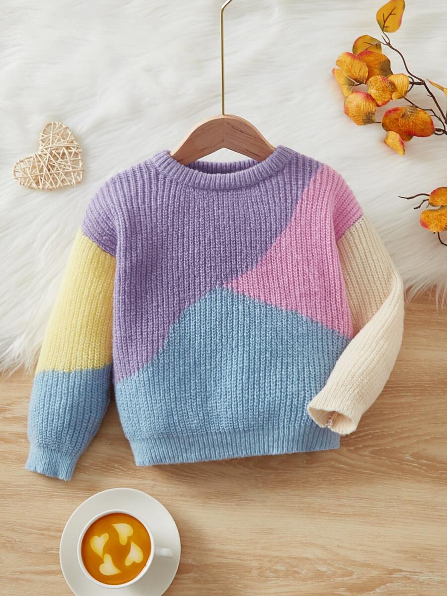 SHEIN Toddler Girls Colour Block Drop Shoulder Jumper - Multicolor - View 1