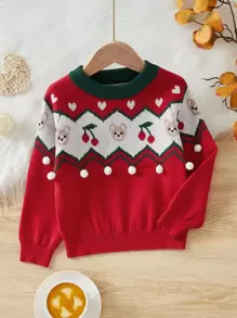 SHEIN Toddler Girls Bear & Chevron Pattern Raglan Sleeve Jumper - Multicolor - View 1