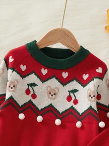 SHEIN Toddler Girls Bear & Chevron Pattern Raglan Sleeve Jumper - Multicolor - View 3