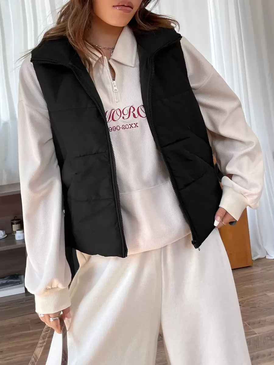 SHEIN EZwear 春季黑色拉鍊式棉袍背心外套 - 黑色 - 查看 1