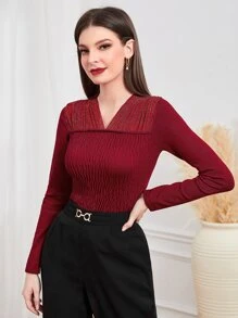 Modelyn Suéter burdeos con escote en V, yoke fruncido y plisado - Burdeos - Ver 1