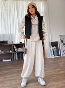 SHEIN EZwear 春季黑色拉鍊式棉袍背心外套 - 黑色 - 查看 4