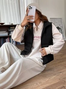 SHEIN EZwear 春季黑色拉鍊式棉袍背心外套 - 黑色 - 查看 5
