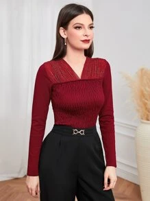 Modelyn Suéter burdeos con escote en V, yoke fruncido y plisado - Burdeos - Ver 4