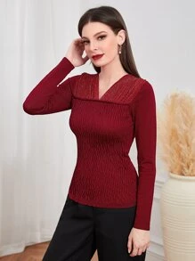 Modelyn Suéter burdeos con escote en V, yoke fruncido y plisado - Burdeos - Ver 5