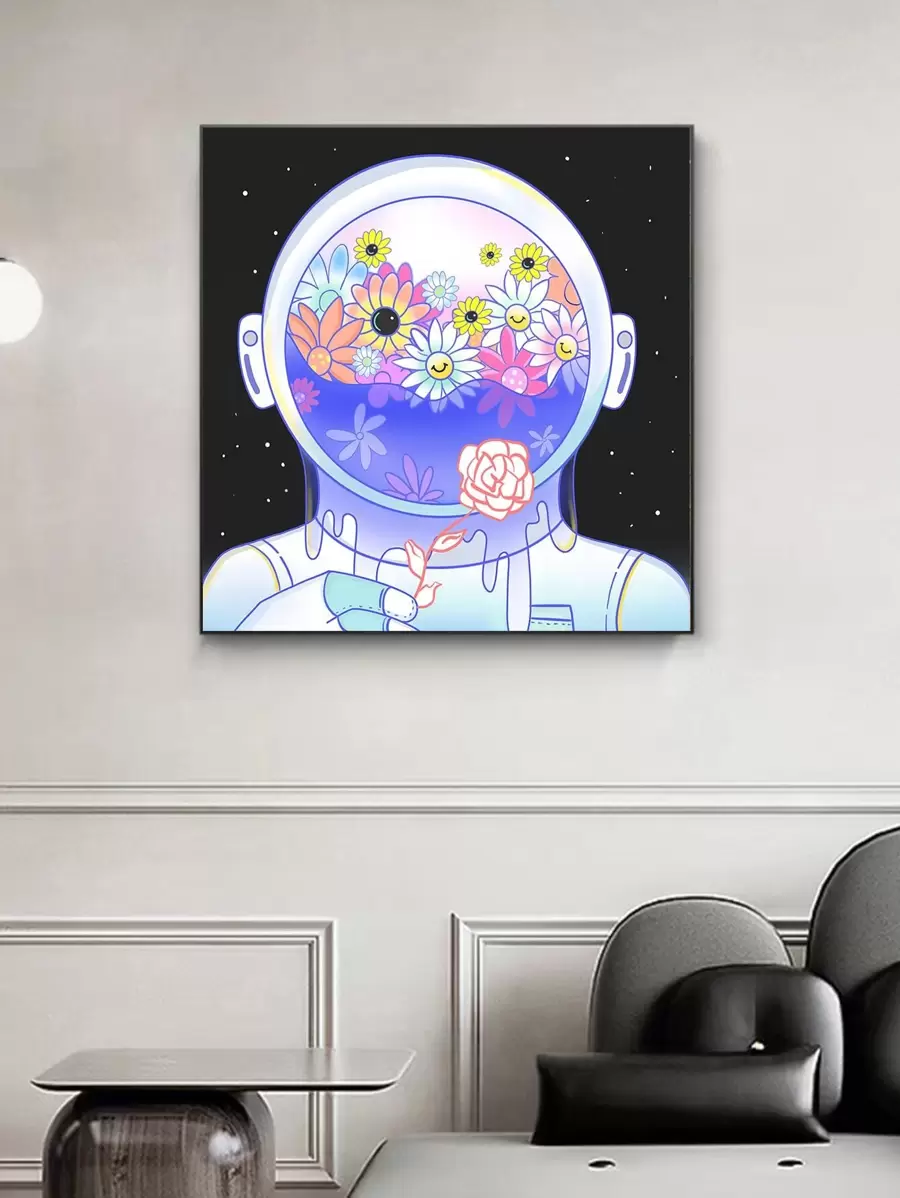 1件套宇航員和花朵圖案DIY無邊框水鑽繪畫 - 彩色 - 查看 1