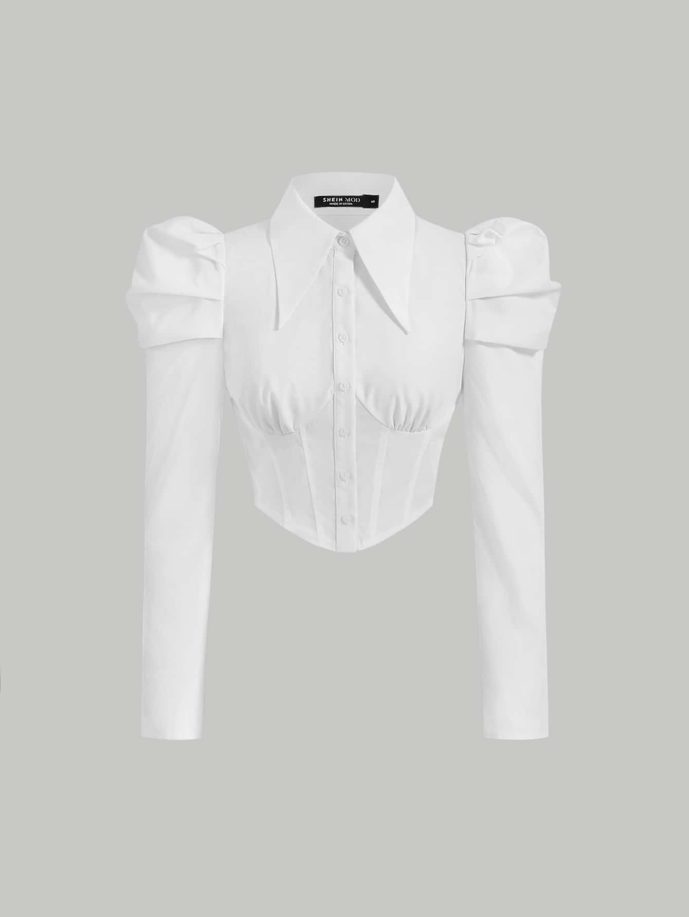 SHEIN MOD Gigot Sleeve Button Retro Peak Lapels Front Curved Hem White Shirt,Long Sleeve Tops - White - View 1