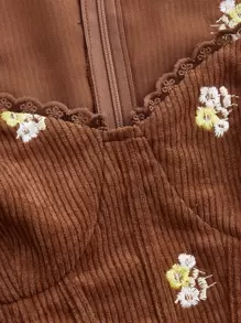 SHEIN MOD 花卉刺繡燈籠袖燈芯絨襯衫 - 鏽棕色 - 查看 4