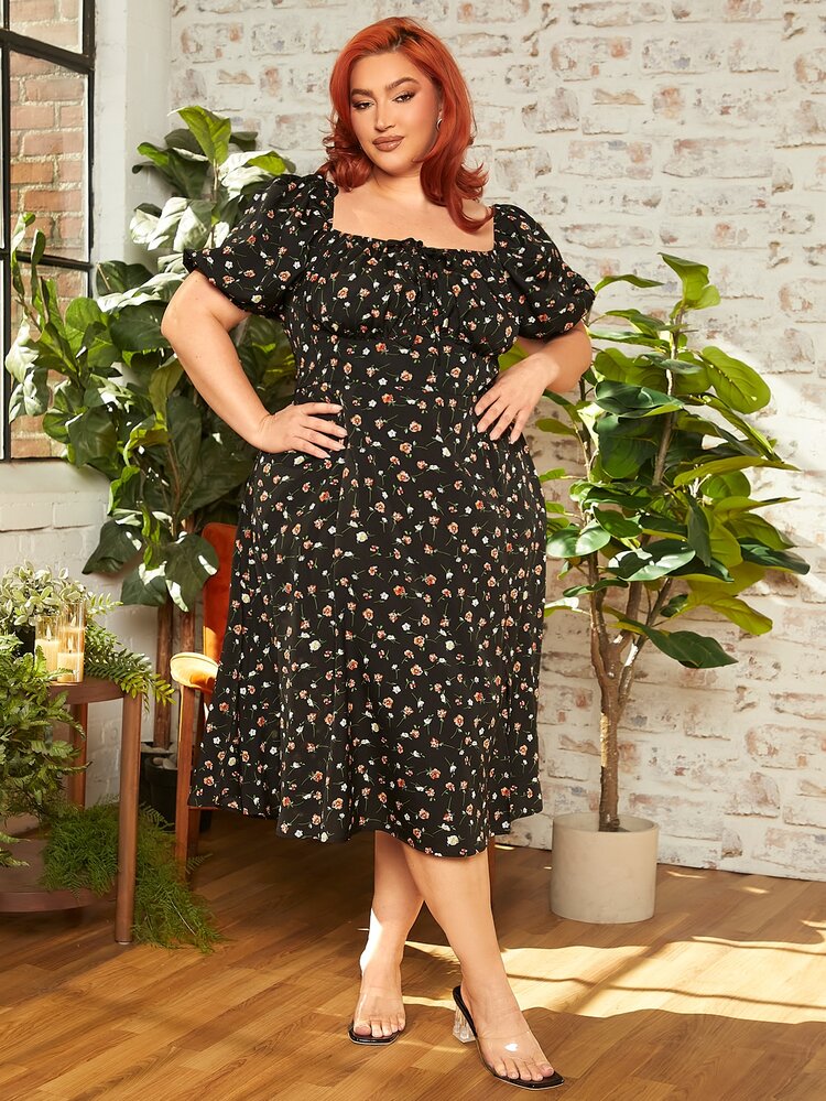 SHEIN CURVE+ 大碼小碎花前打結泡泡袖洋裝 - 黑色 - 查看 2