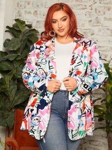 SHEIN CURVE+ Plus Graffiti Print Lapel Neck Blazer - Multicolor - View 4