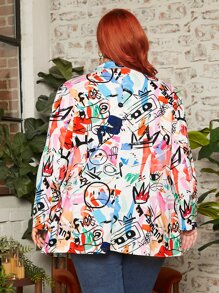 SHEIN CURVE+ Plus Graffiti Print Lapel Neck Blazer - Multicolor - View 5