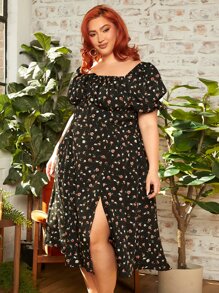 SHEIN CURVE+ Plus Ditsy Floral Knot Front Puff Sleeve Dress - Black - View 1