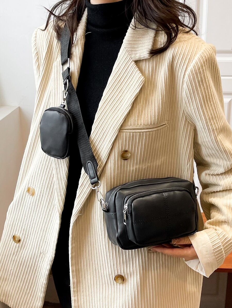 Mini Stitch Detail Square Bag With Coin Purse - Black - View 1