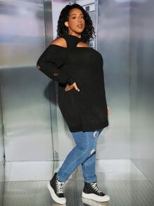 SHEIN CURVE+ Plus Cut Out Hooded Jumper - Black - View 6