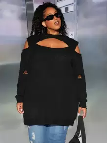 SHEIN CURVE+ Plus Cut Out Hooded Jumper - Black - View 1