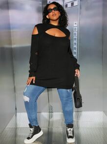 SHEIN CURVE+ Plus Cut Out Hooded Jumper - Black - View 2