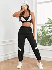 Yoga Futuristic Pantalones deportivos panel en contraste de cintura elástica - Negro - Ver 5