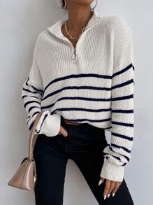 EMERY ROSE Striped Drop Shoulder Zipper Front Jumper - White - View 1