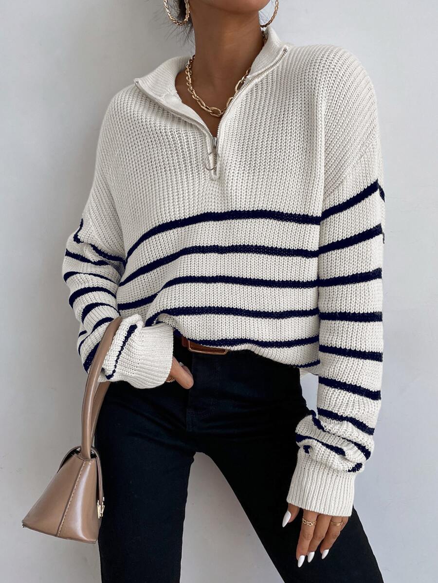 EMERY ROSE Striped Drop Shoulder Zipper Front Jumper - White - View 1