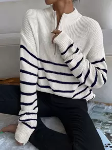 EMERY ROSE Striped Drop Shoulder Zipper Front Jumper - White - View 4