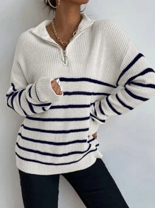 EMERY ROSE Striped Drop Shoulder Zipper Front Jumper - White - View 5