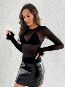 SHEIN Tall 毛茸茸袖口透視網紗上衣不附胸罩 - 黑色 - 查看 3