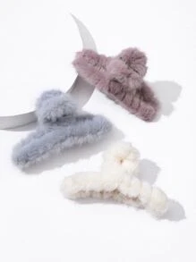 3pcs Solid Fuzzy Hair Claw - Multicolor - View 1