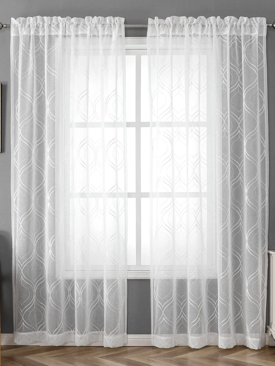 幾何刺繡單片透視窗簾 - 白色 - 查看 1