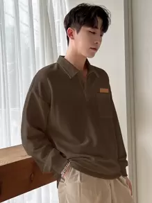 DAZY Men Patched Detail Polo Neck Drop Shoulder Sweatshirt - Coffee Brown - View 3