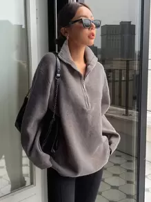 DAZY Half Zipper Drop Shoulder Jumper - Grey - View 1